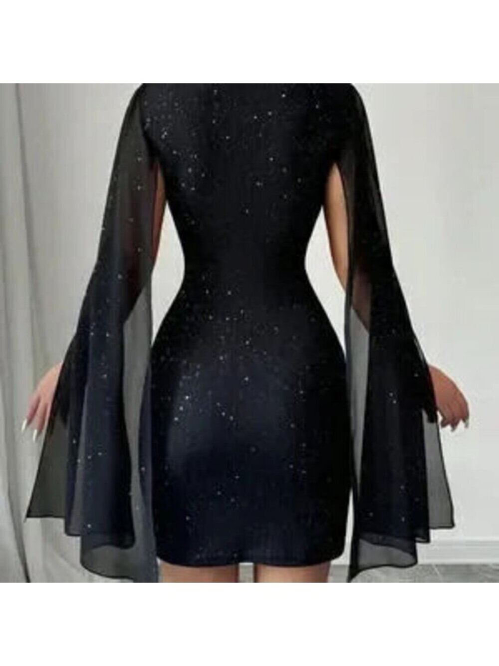 Black Party Women's Glitter Print Stand Collar Lantern Sleeve Bodycon Dress - Picture 2 of 3